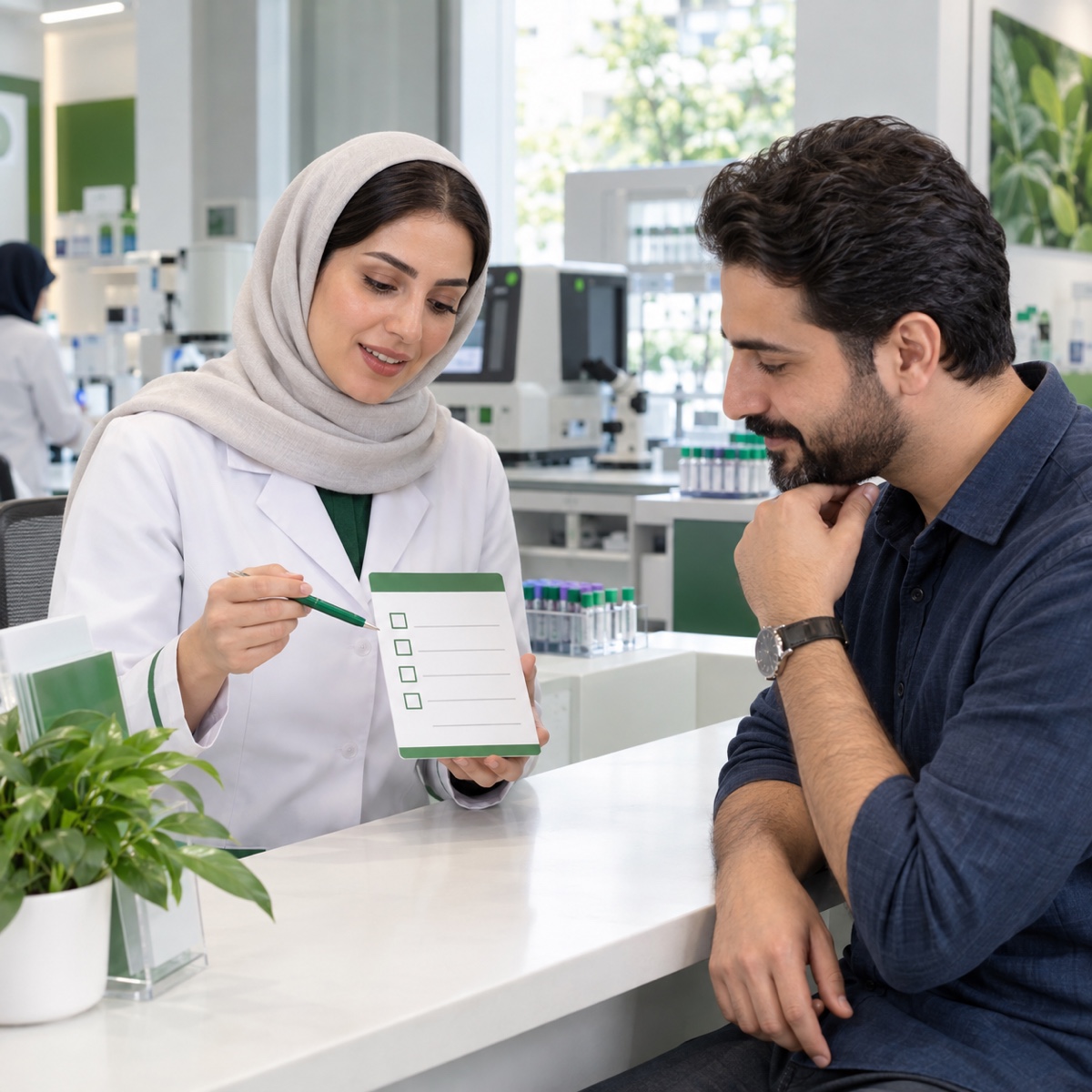 کارشناس آزمایشگاه نوید در حال توضیح آمادگی پیش از آزمایش به مراجعهکننده